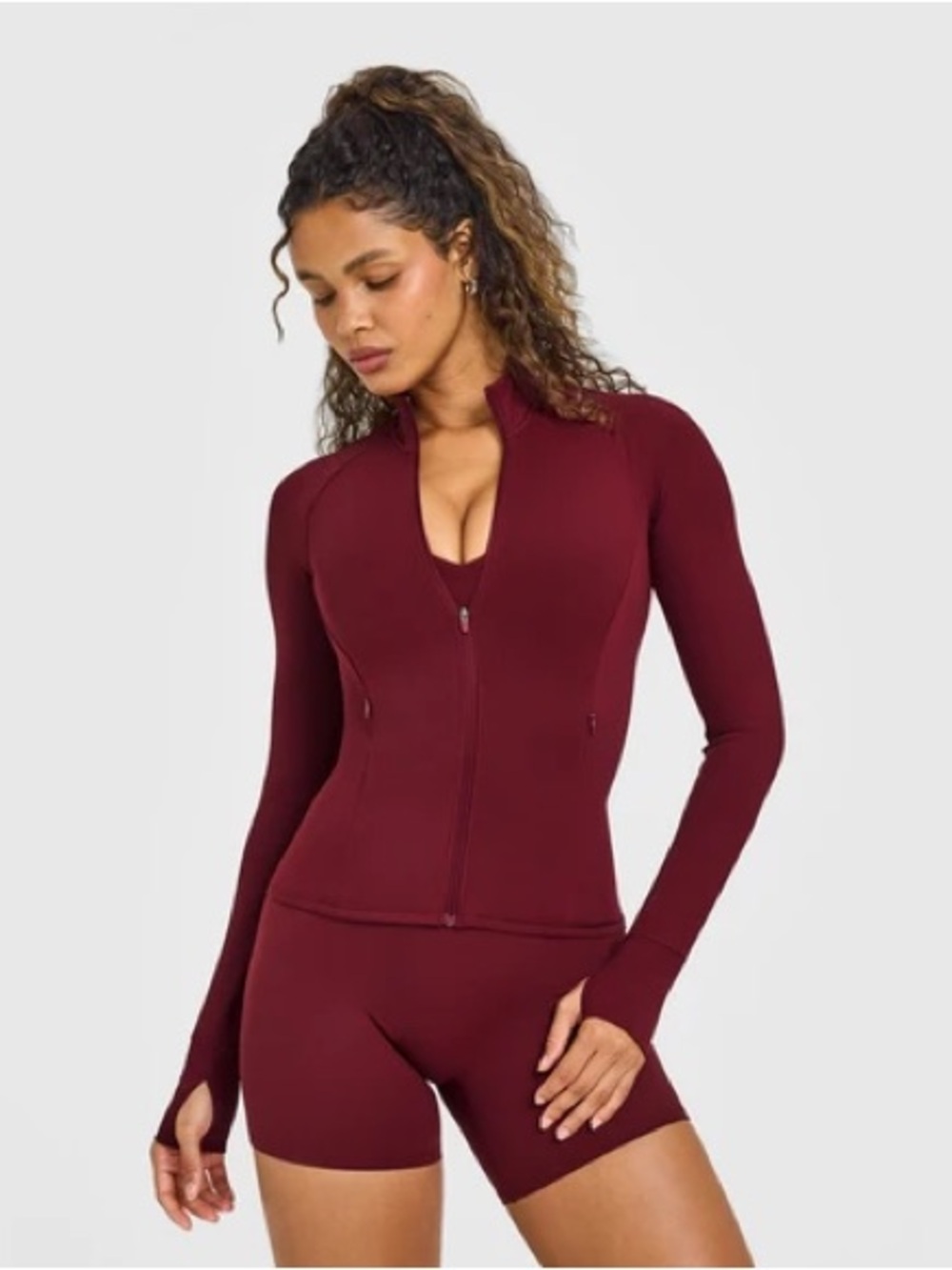 Oner Active Zip-Front Long Sleeve Top in Burgundy